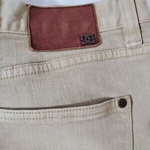 VTG DC Shoes Tan Jean 34/28 Button Fly Slim Skateboard Stretch Leather Logo
